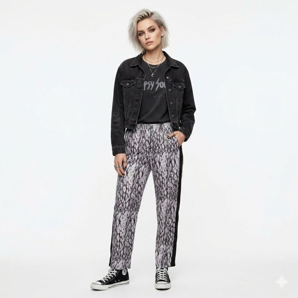 Band of Gypsies Feather Print Pull On Lightweight Pants Side Stripe Whimsigoth